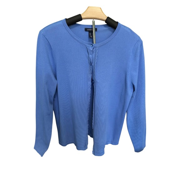 Lands' End Cardigan Sweater Ruffle Trim Button Front Knit‎ Top Blue Large - Picture 1 of 13
